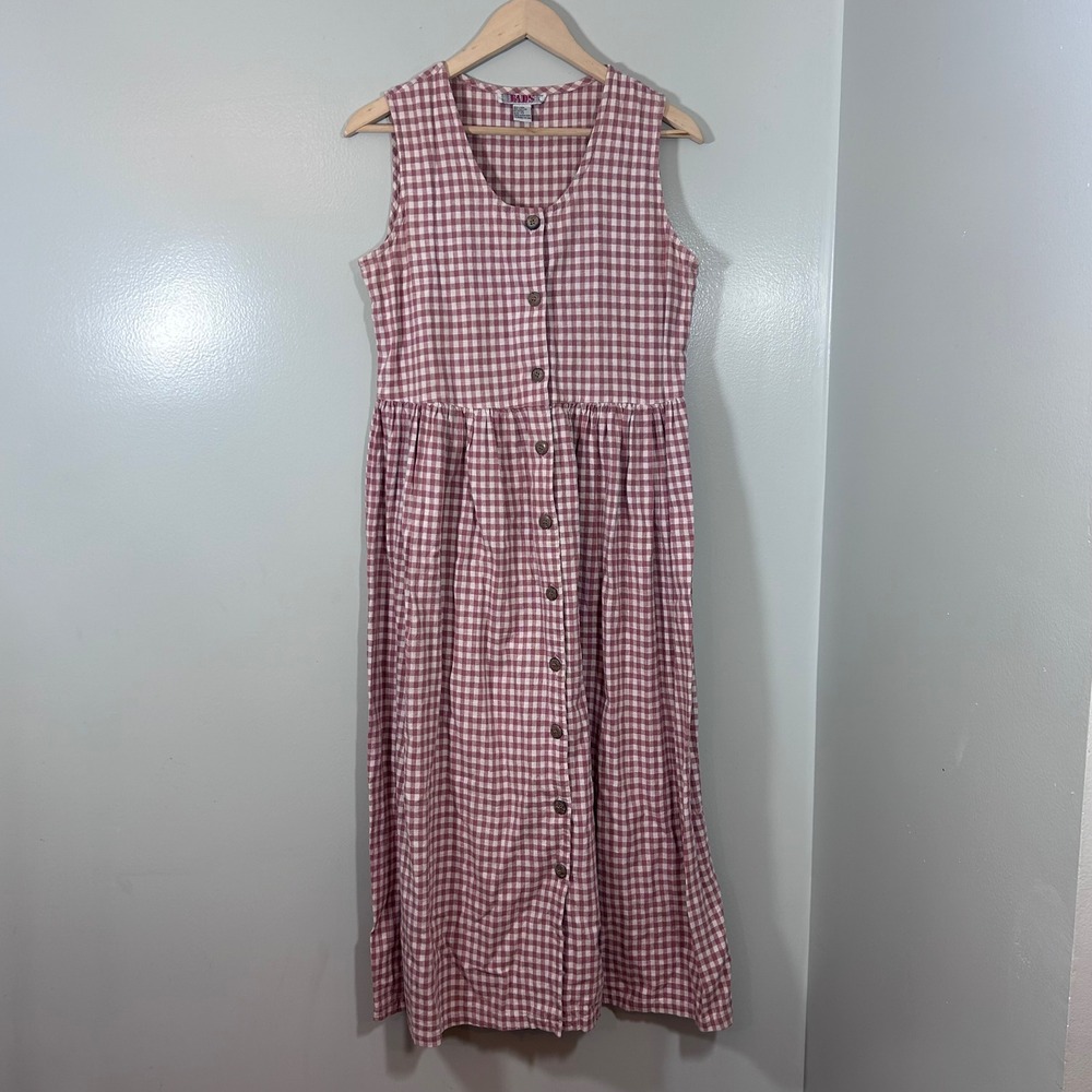 Vintage FADS Gingham Linen Blend Button Front Maxi Dress Pink Cream Size 10